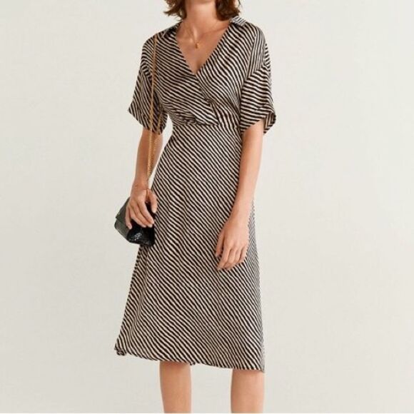 NWT Mango Mondrian Black and Tan Satin Bias Striped Midi Dress 6 - Picture 1 of 15